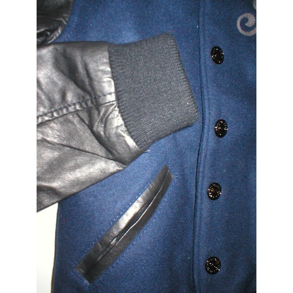 New Womens True Religion Varsity Leather Jacket XS Dark Navy Blue Black Logo - Picture 7 of 8